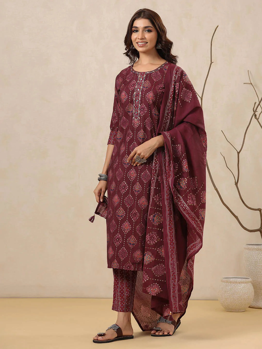 Block Printed Muslin Kurta With Pants &amp; Dupatta