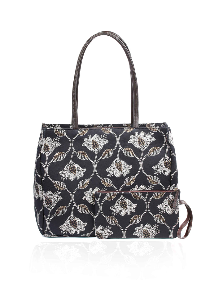 Black Printed Cotton Handbag With Pouch
