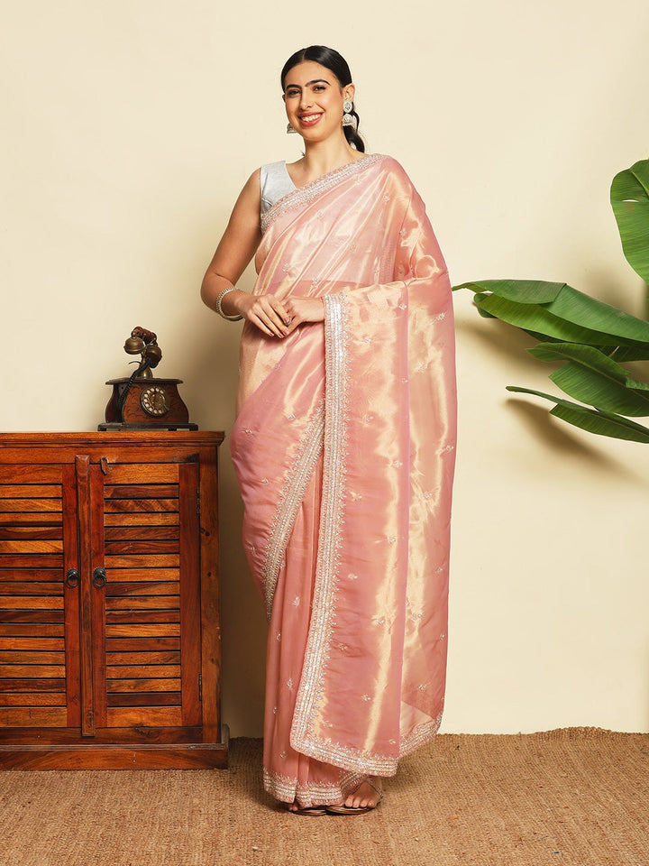 Stone &amp; Sequin Embroidered Tissue Saree