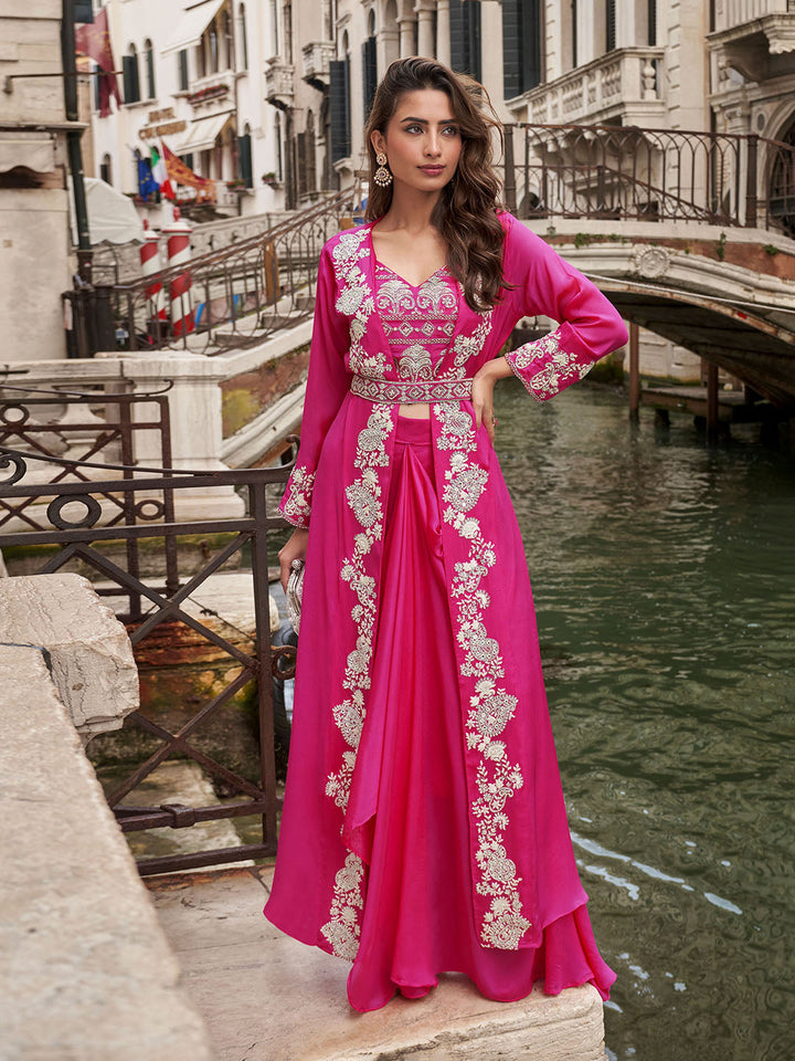Embroidered Chinon Choli With Plazzo &amp; Jacket