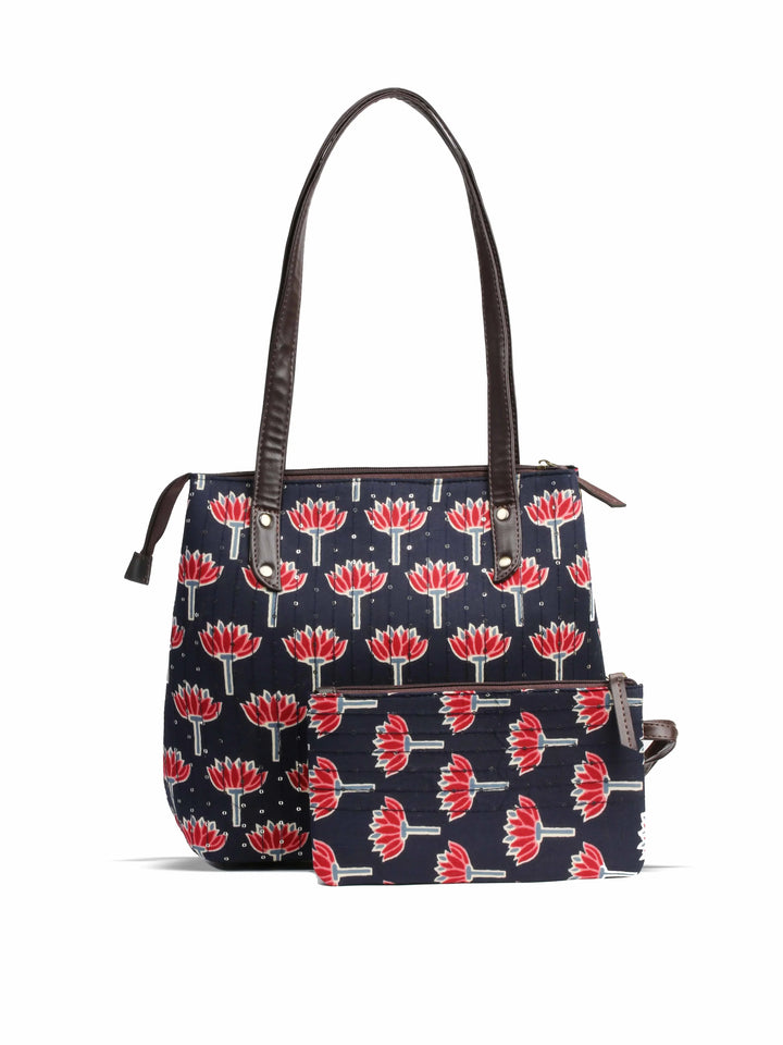 Navy Blue Printed Cotton Handbag With Pouch
