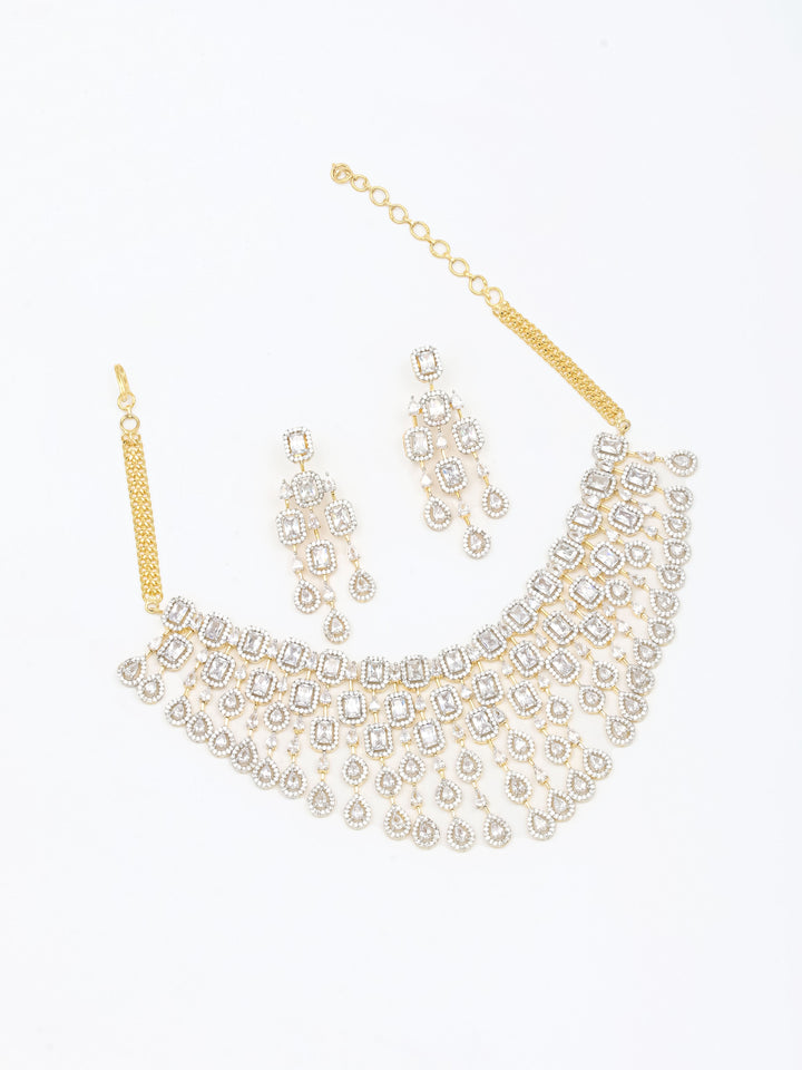Golden White Stone Necklace With Earrings