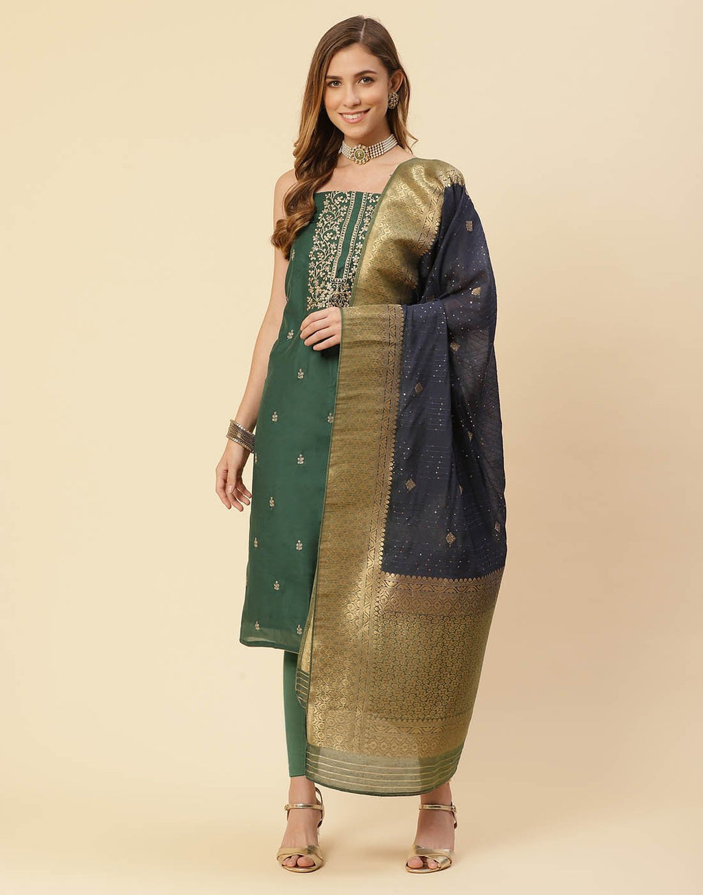 Embroidered Chanderi Suit Piece With Chanderi Banarasi Dupatta