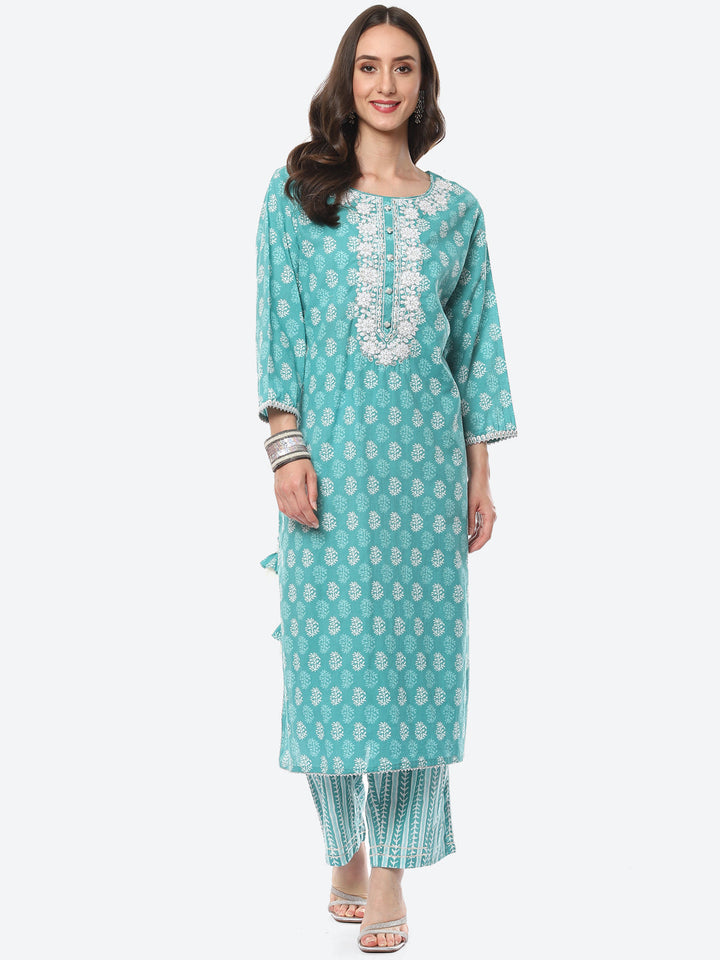 Zari Neck Embroidered Cotton Kurta With Pant