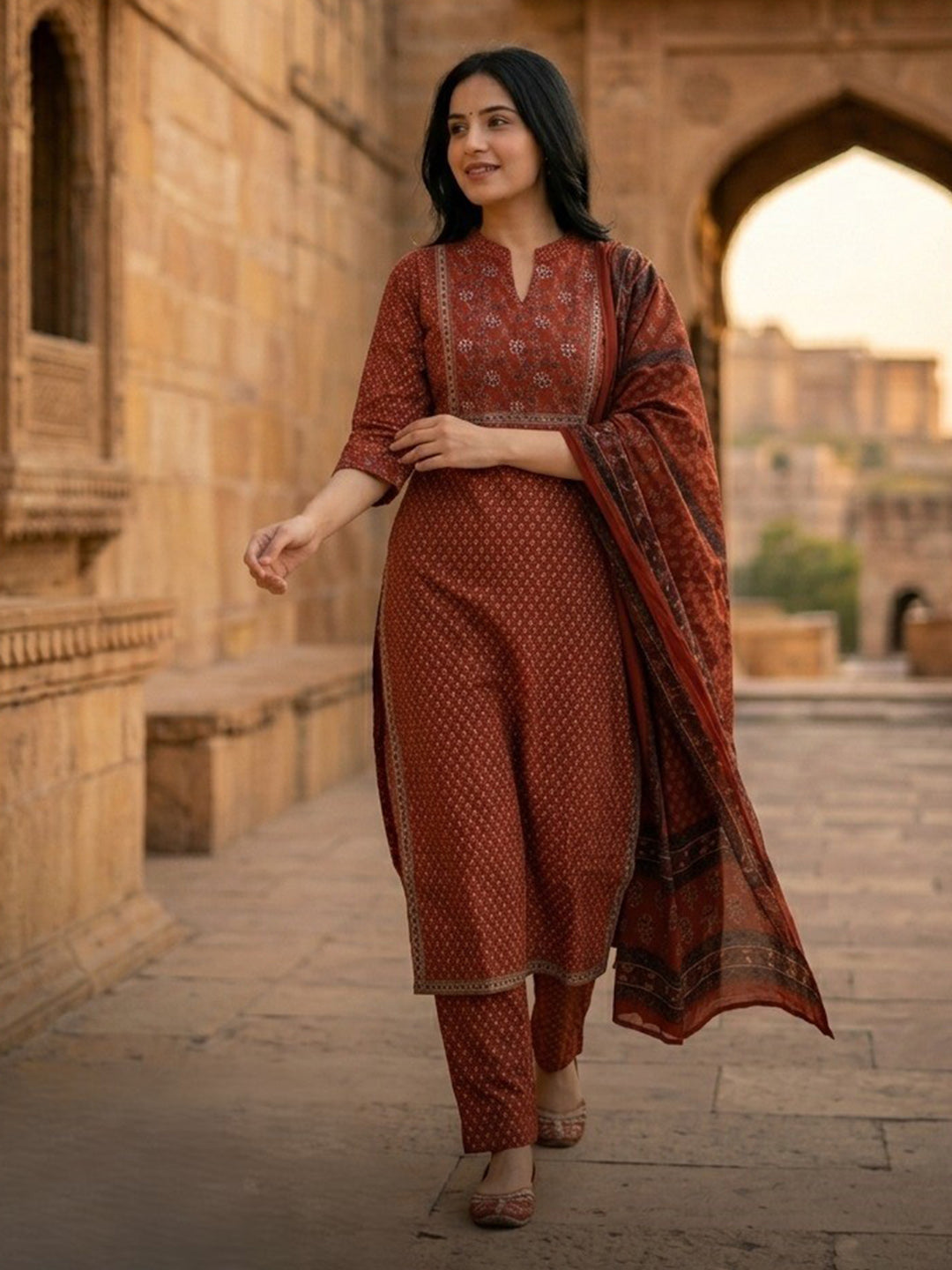 Maroon Embroidered Cotton Blend Straight Suit Set With Dupatta