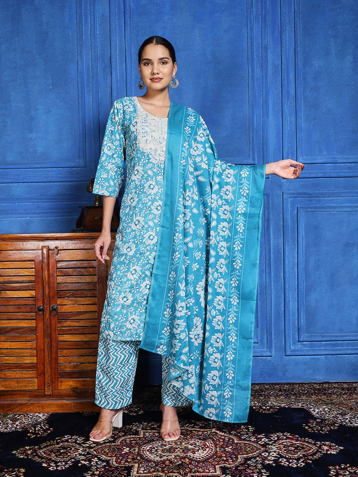 Printed Cotton Blend Kurta With Pants &amp; Dupatta
