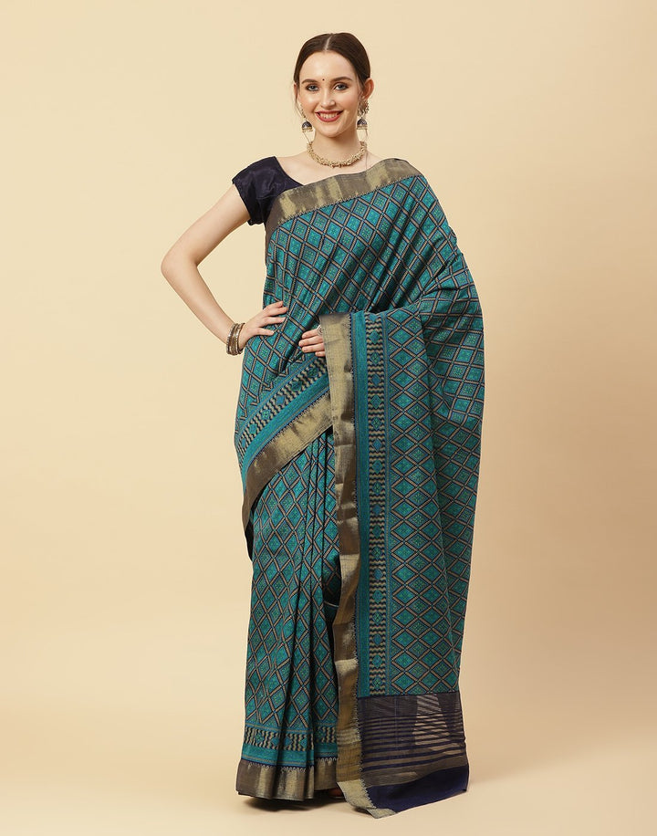 Printed Art Handloom Dupion Zari Booti Border Saree