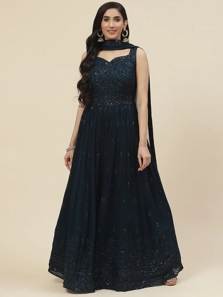 Resham Booti Embroidered Georgette Kurta With Churidar &amp; Dupatta