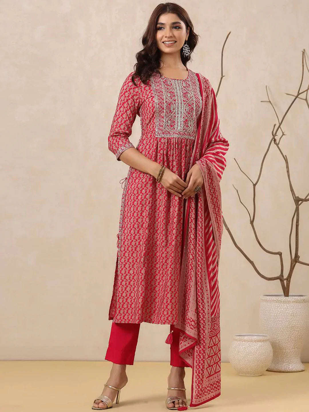 Neck Embroidered Muslin Kurta With Pants &amp; Dupatta