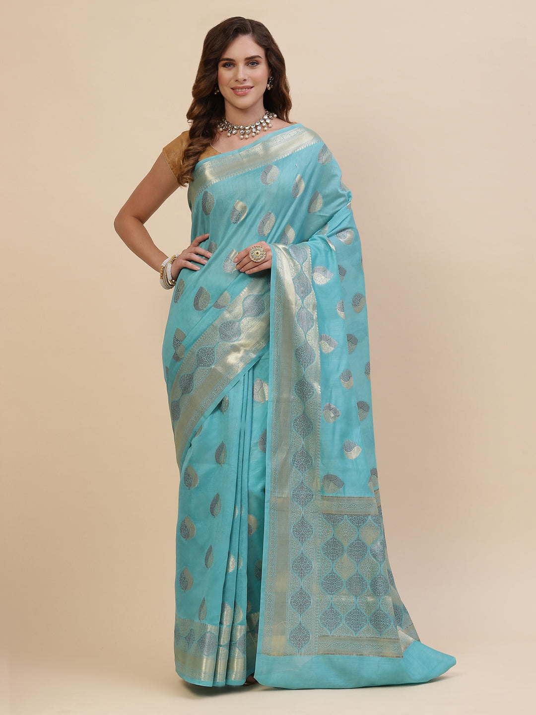 Zari Border Booti Cotton Woven Saree