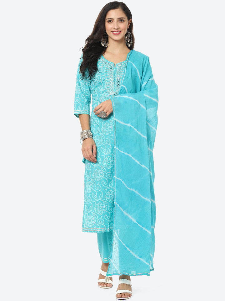 Resham Mirror Booti Cotton Kurta With Pant &amp; Chinone Dupatta