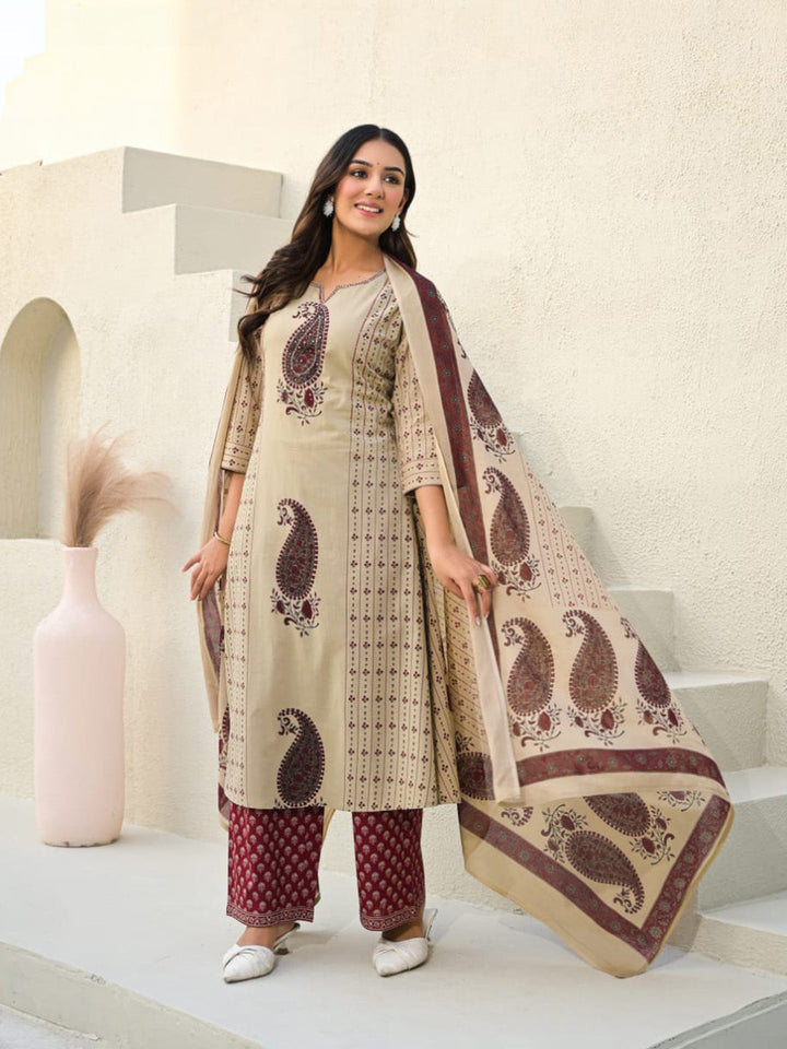Beige Red Cotton Blend Printed Straight Suit Set