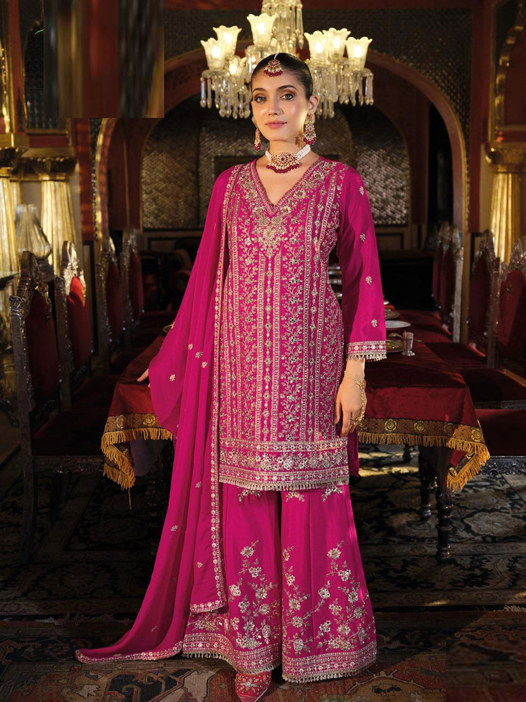 Embroidered Chinon Kurta With Plazzo &amp; Dupatta