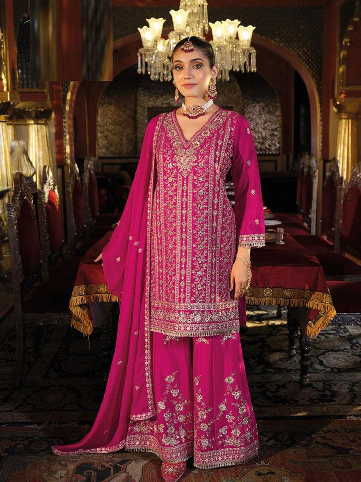 Embroidered Chinon Kurta With Plazzo &amp; Dupatta