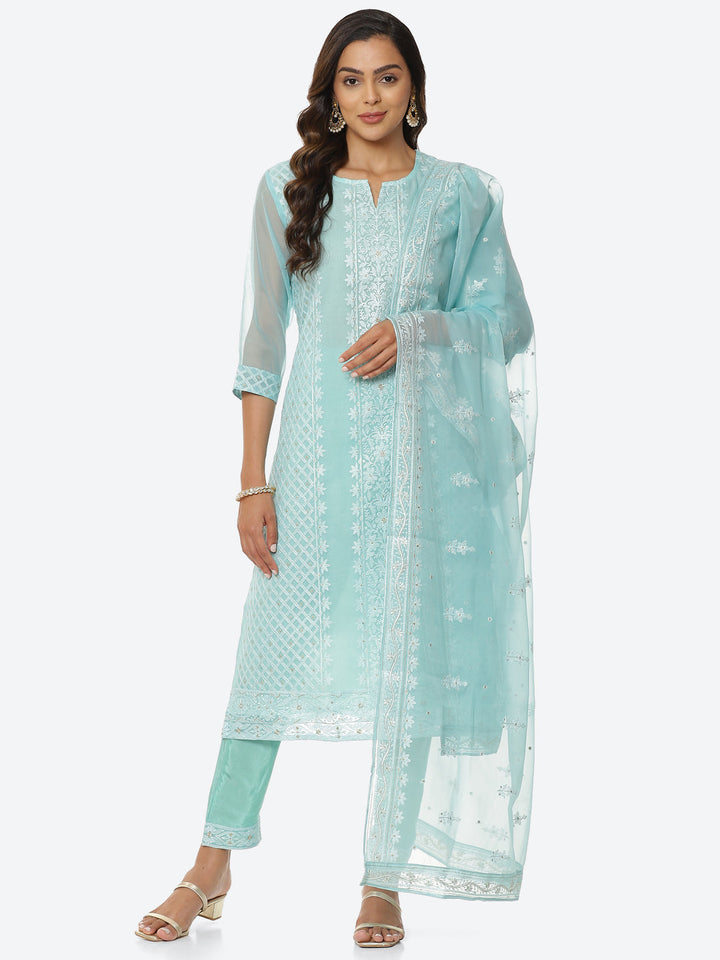 Resham Booti Organza Kurta With Pant &amp; Dupatta