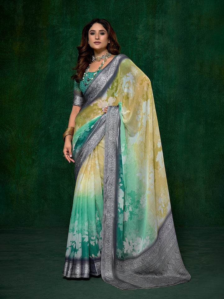 Ombre Floral Printed Georgette Saree