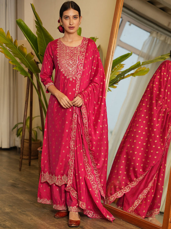 Neck Embroidered Chanderi Kurta With Garara &amp; Dupatta