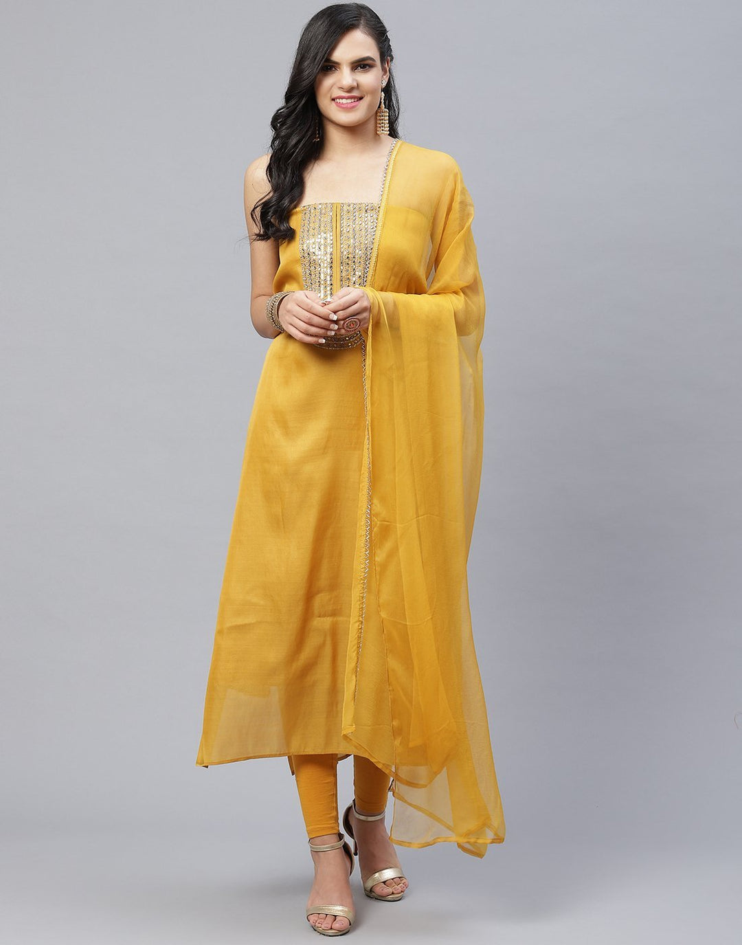 Embroidered Art Handloom Dupion Suit Piece With Chiffon Dupatta