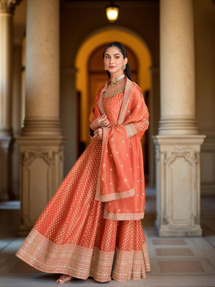Banarsi Weave Tissue Kurta With Legging &amp; Dupatta