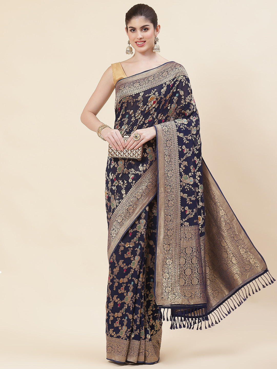Floral Zari Jaal Georgette Plain Saree