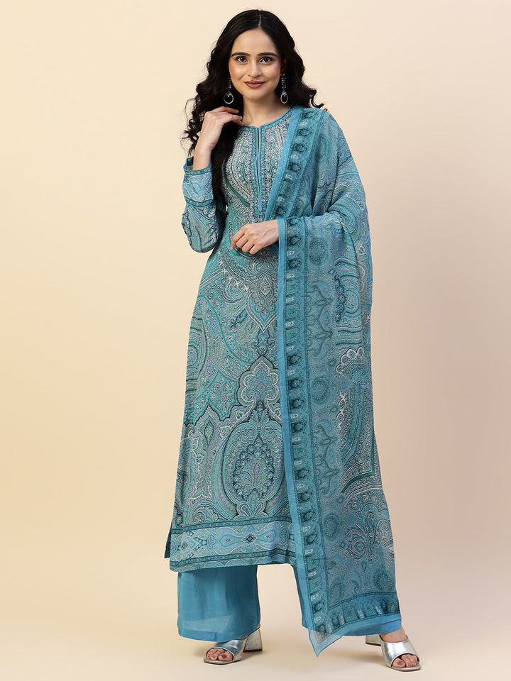 Digital Printed Crepe Kurta With Palazzo &amp; Dupatta