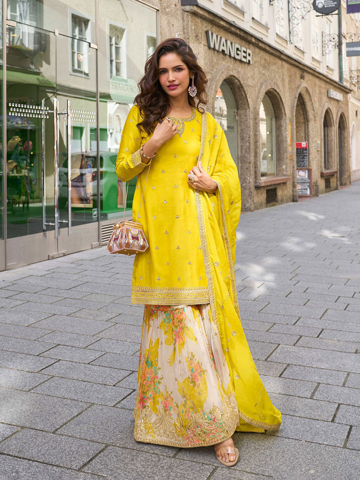 Embroidered Chinon Kurta With Gharara &amp; Dupatta
