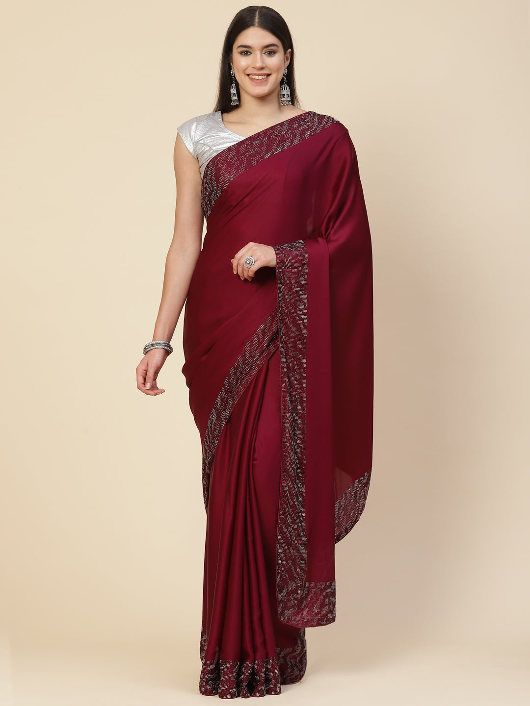 Embroidered Border Booti Satin Saree