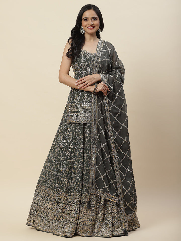 Sequence Embroidered Georgette Choli With Lehenga &amp; Dupatta