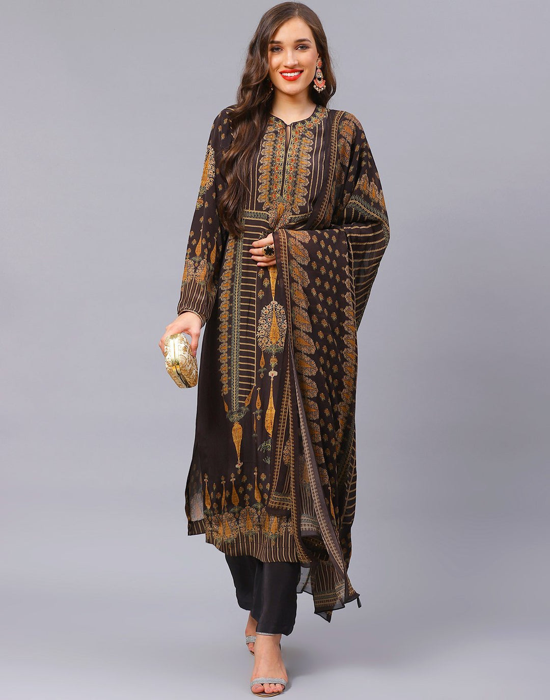 Black Orange Digital Printed Salwar Kameez Stitched Suit