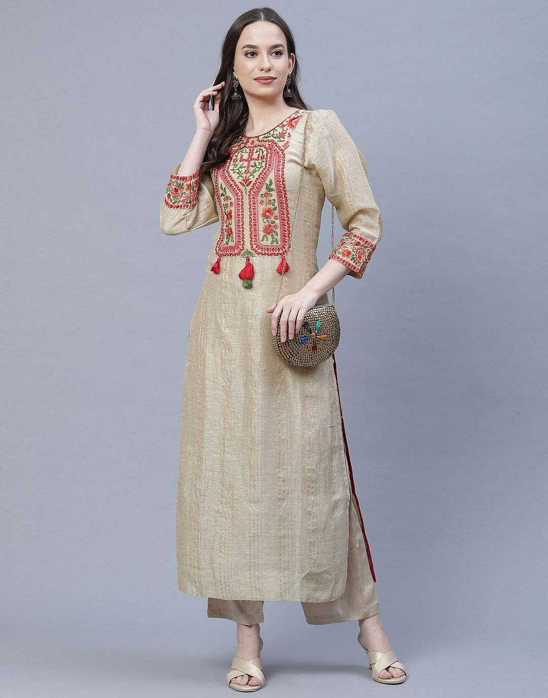 Yoke Embroidered Linen Kurti Pant Set