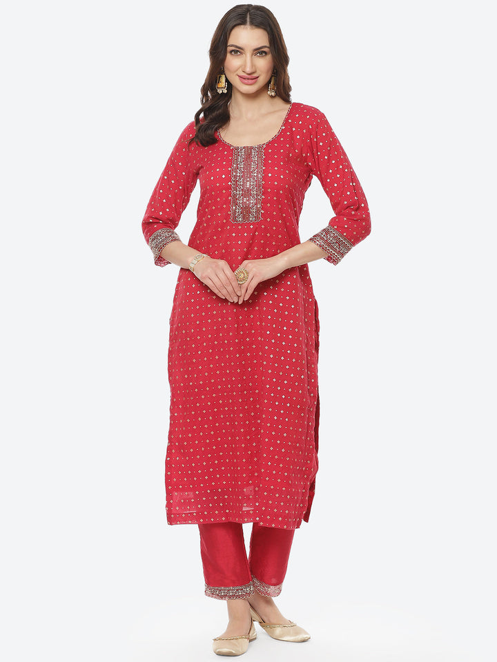 Sequence Neck Zari Embroidered Cotton Kurti With Pant