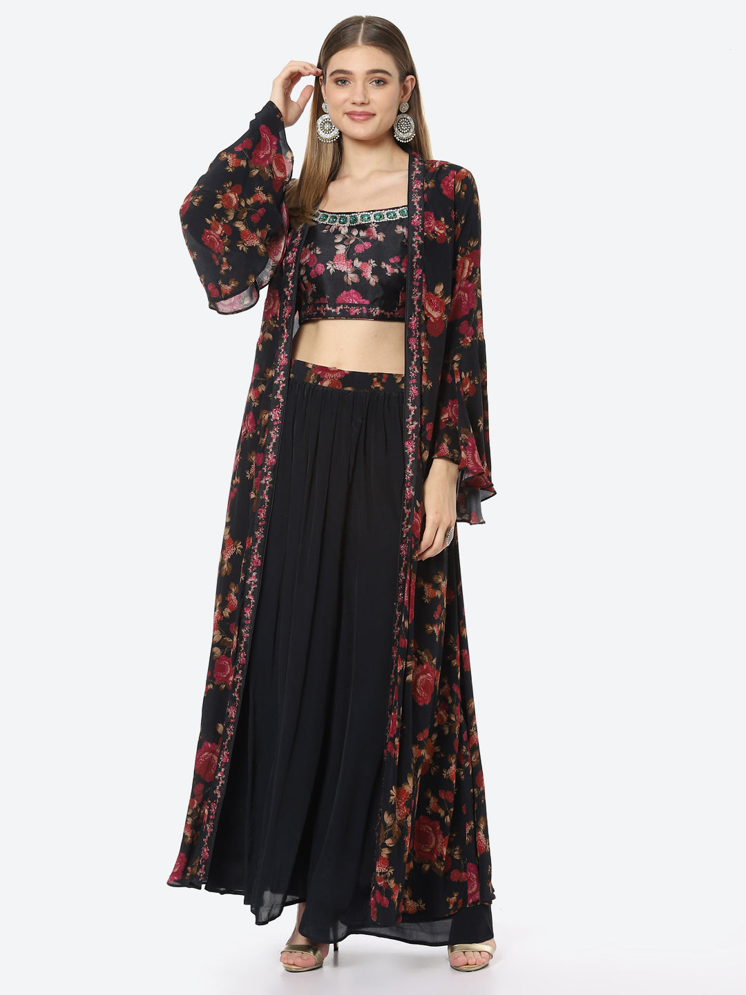 Digital Floral Printed Crepe Crop Top With Sharara &amp; Jacket
