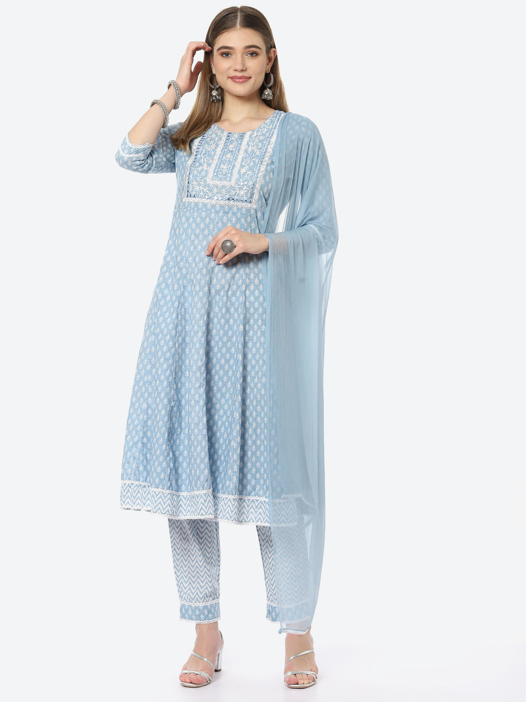 Resham Neck Booti  Printed Cotton A-line Kurta With Pant &amp; Chiffon Dupatta