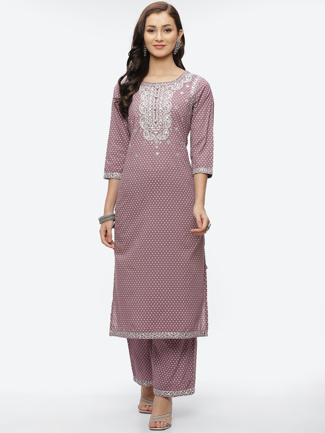 Mirror Neck Embroidered Cotton Kurta With Palazzo