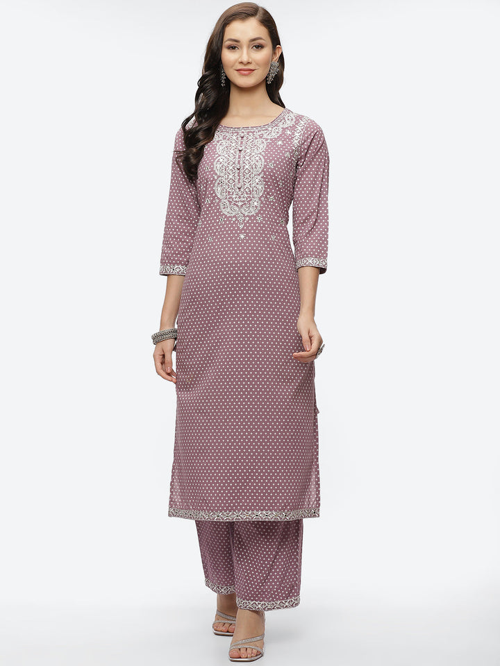 Mirror Neck Embroidered Cotton Kurta With Palazzo