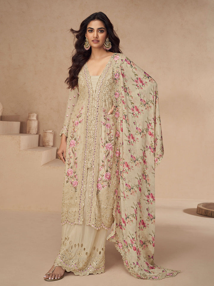 Embroidered Chinon Silk Kurta With Plazzo &amp; Dupatta