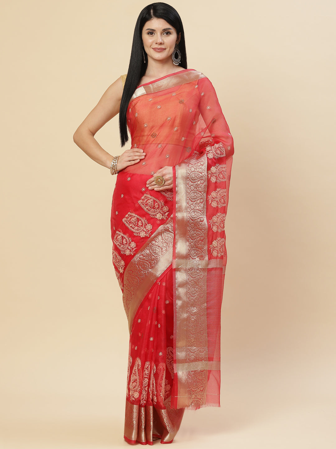 Embroidered Booti Organza Plain Saree