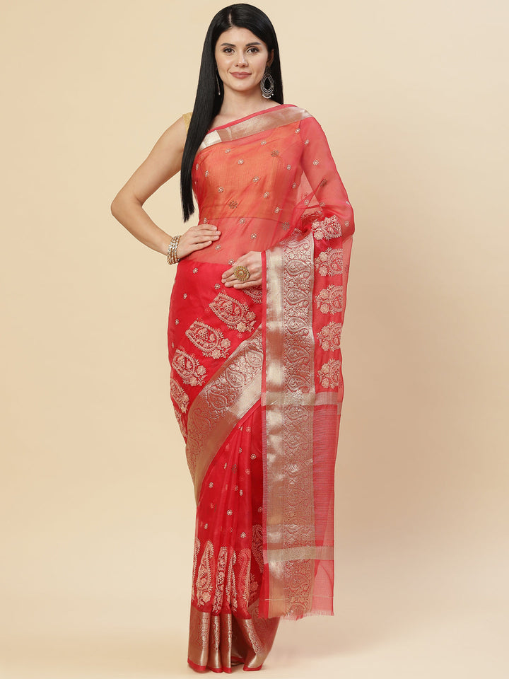 Embroidered Booti Organza Plain Saree