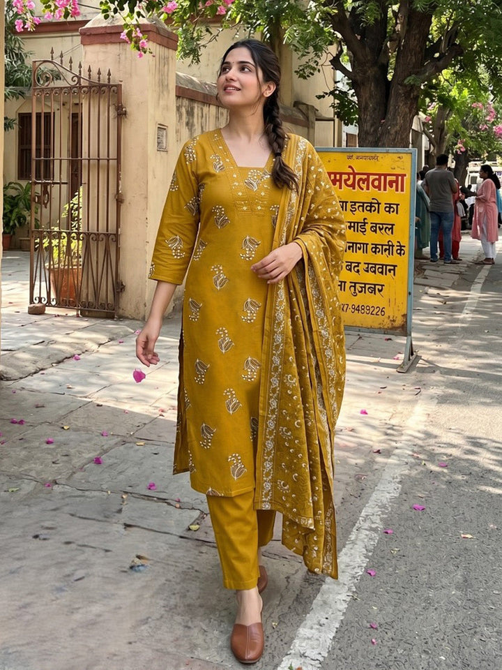 Neck Embroidered Cotton Blend Kurta With Pant &amp; Dupatta