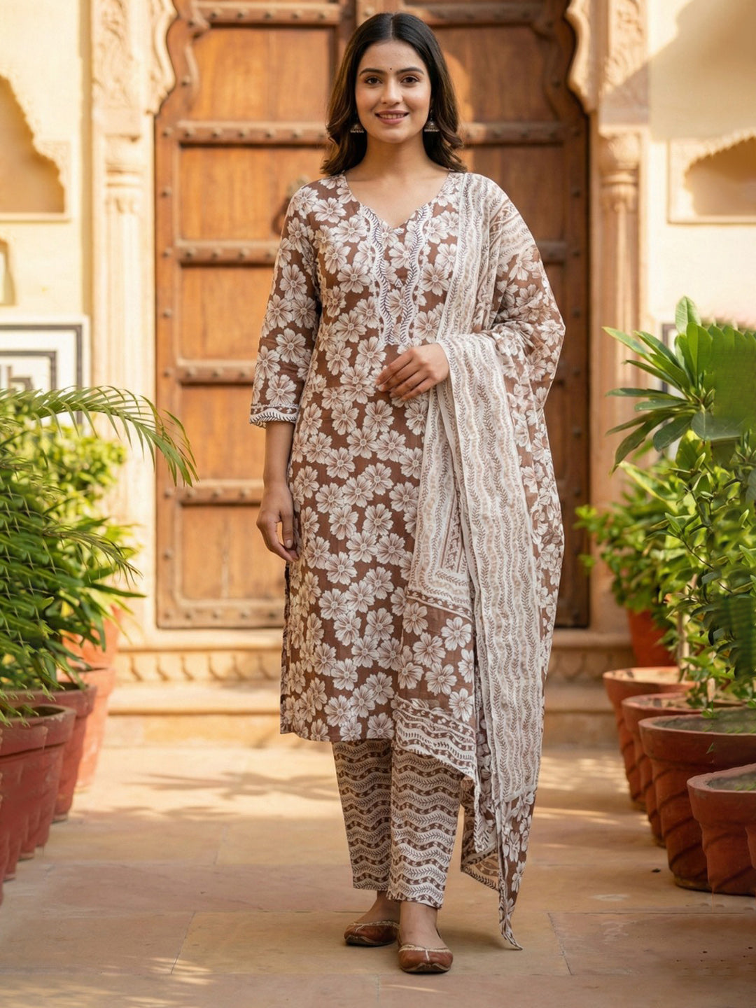 Printed Cotton Blend Kurta With Pant &amp; Dupatta