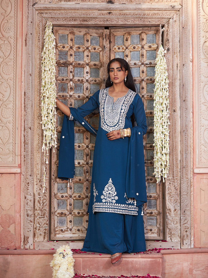 Teal Blue Embroidered Chinon Kurta Palazzo with Dupatta