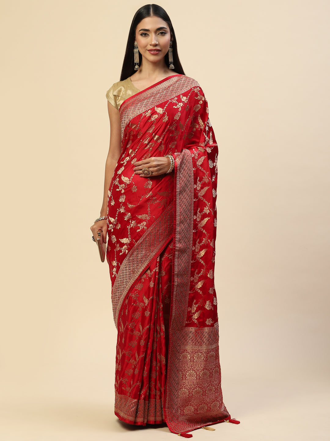 Floral Stone Jaal Satin Woven Saree