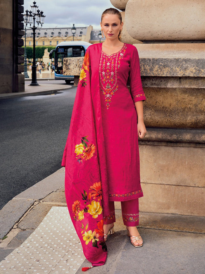 Embroidered Jacquard Kurta With Pant &amp; Dupatta