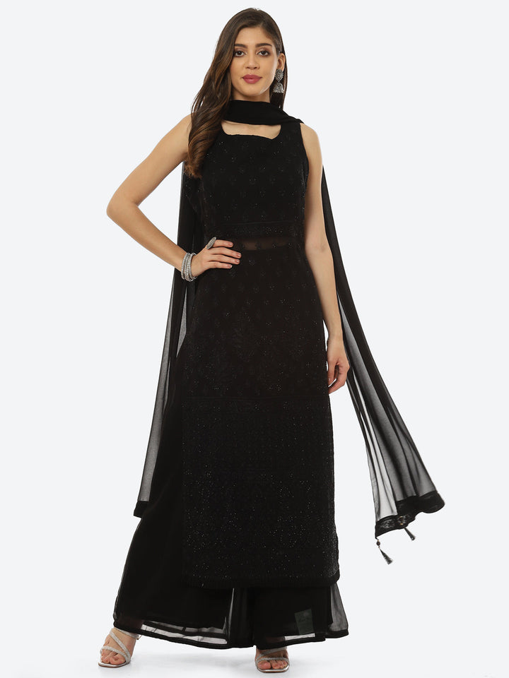 Resham Booti Georgette Kurta With Palazzo &amp; Dupatta
