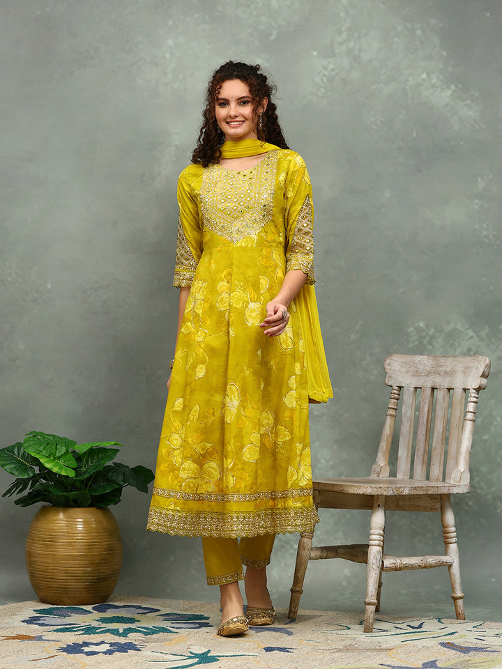 Printed Cotton Blend Kurta With Pants &amp; Dupatta