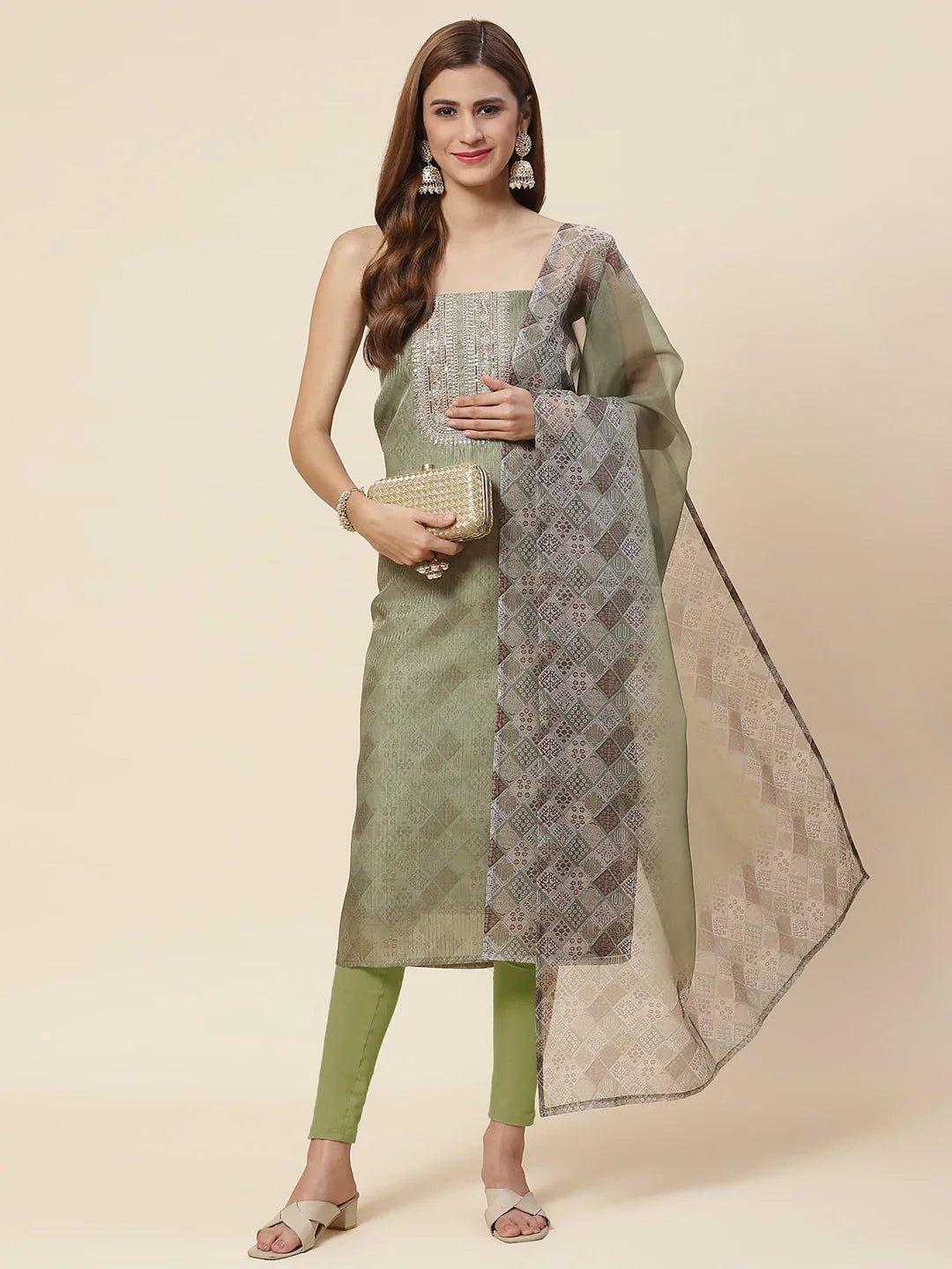 Neck Embroidered Chanderi Unstitched Suit Piece With Dupatta