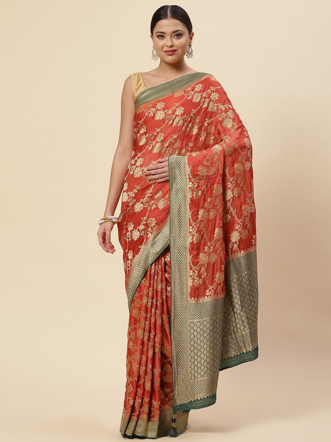 Floral Jaal Satin Plain Saree