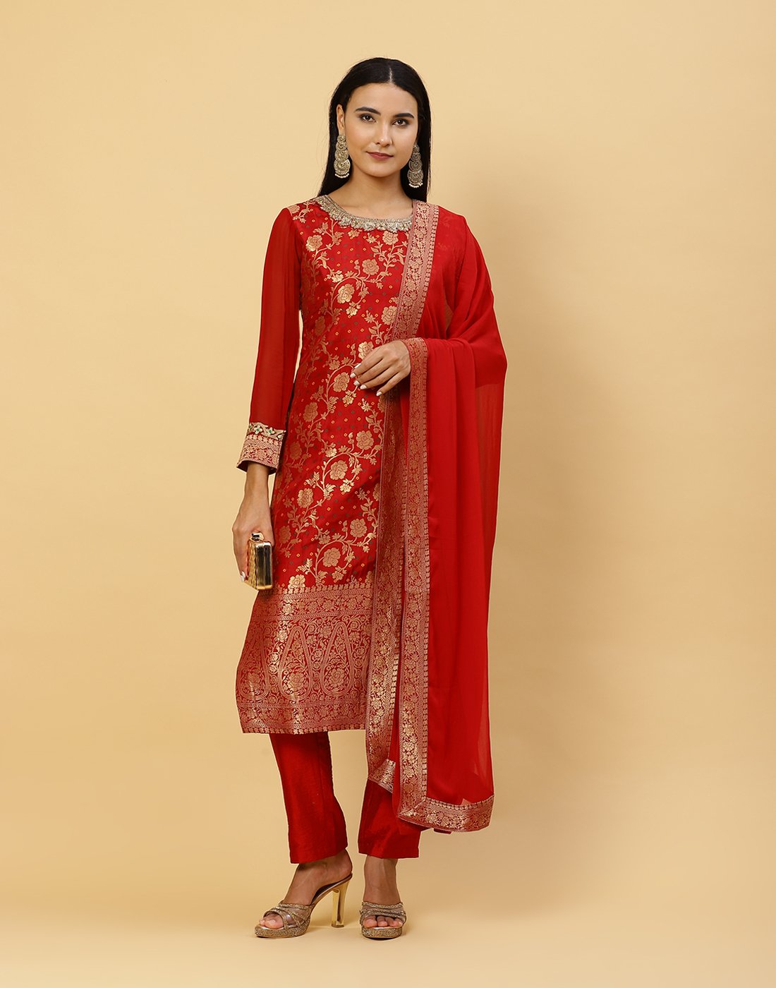 Embroidered Banarasi Brocade Salwar Kameez Stitched Suit With Georgette Dupatta