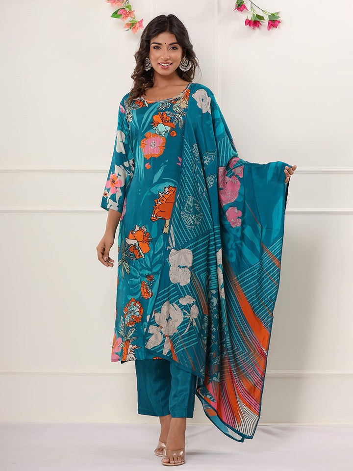 Blue Digital Printed Muslin Straight Suit Set With Dupatta