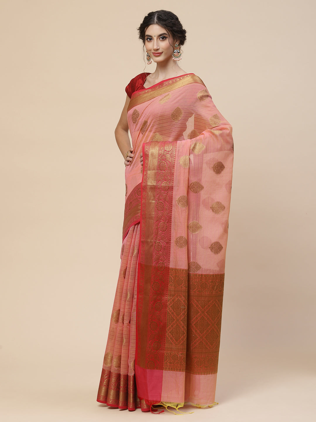 Zari Border Booti Cotton Chanderi Woven Saree